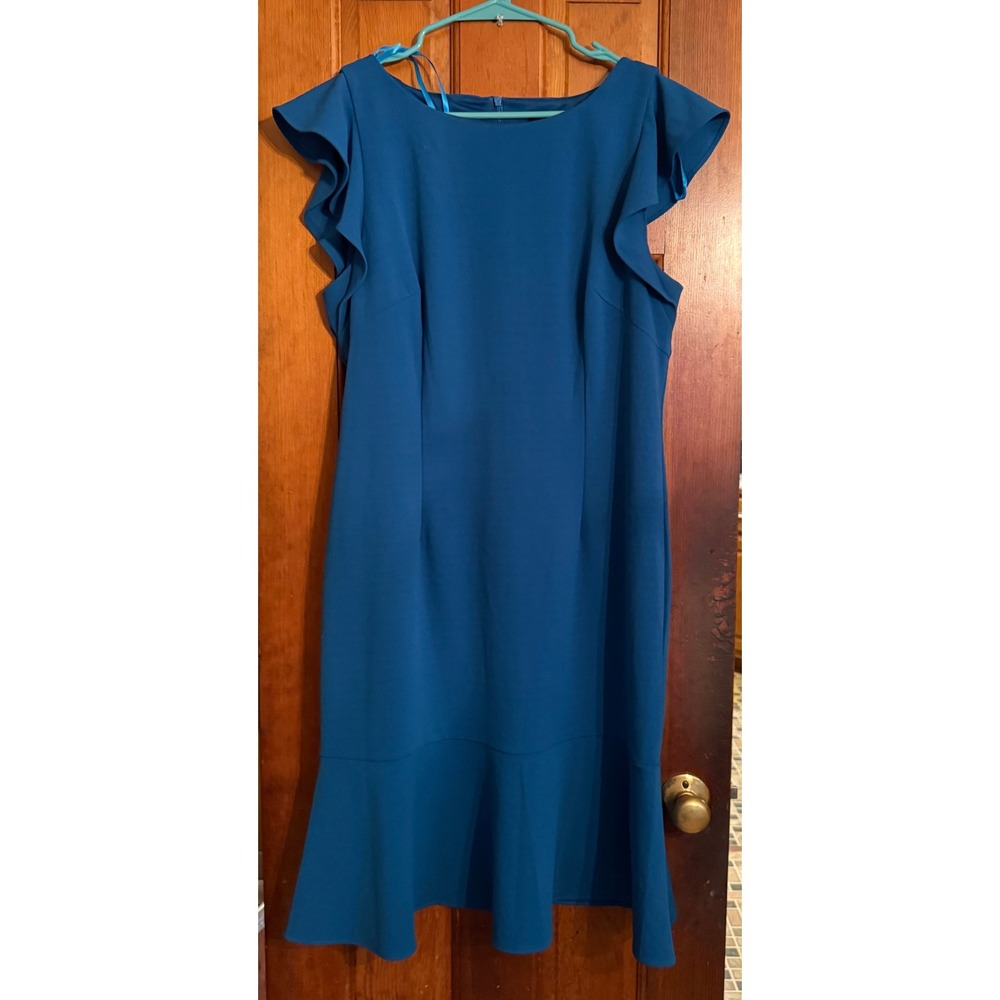 Glamour Teal Blue Ruffle Sleeve Flounce Hem Sheath Dress Size 16